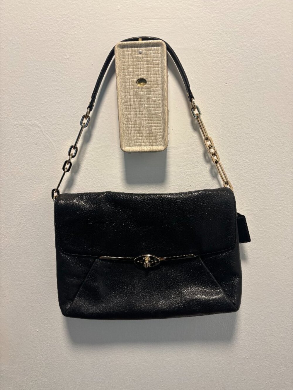 Coach Madison Black Pebbled Leather Turnlock Shoulder Bag Gold Chain Strap